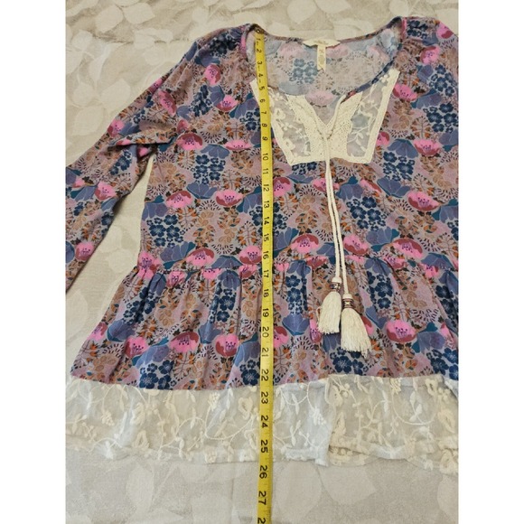 Matilda Jane Blouse Women Medium Pink Blue Floral Boho Lace Trim Tassels Crochet - Picture 16 of 16